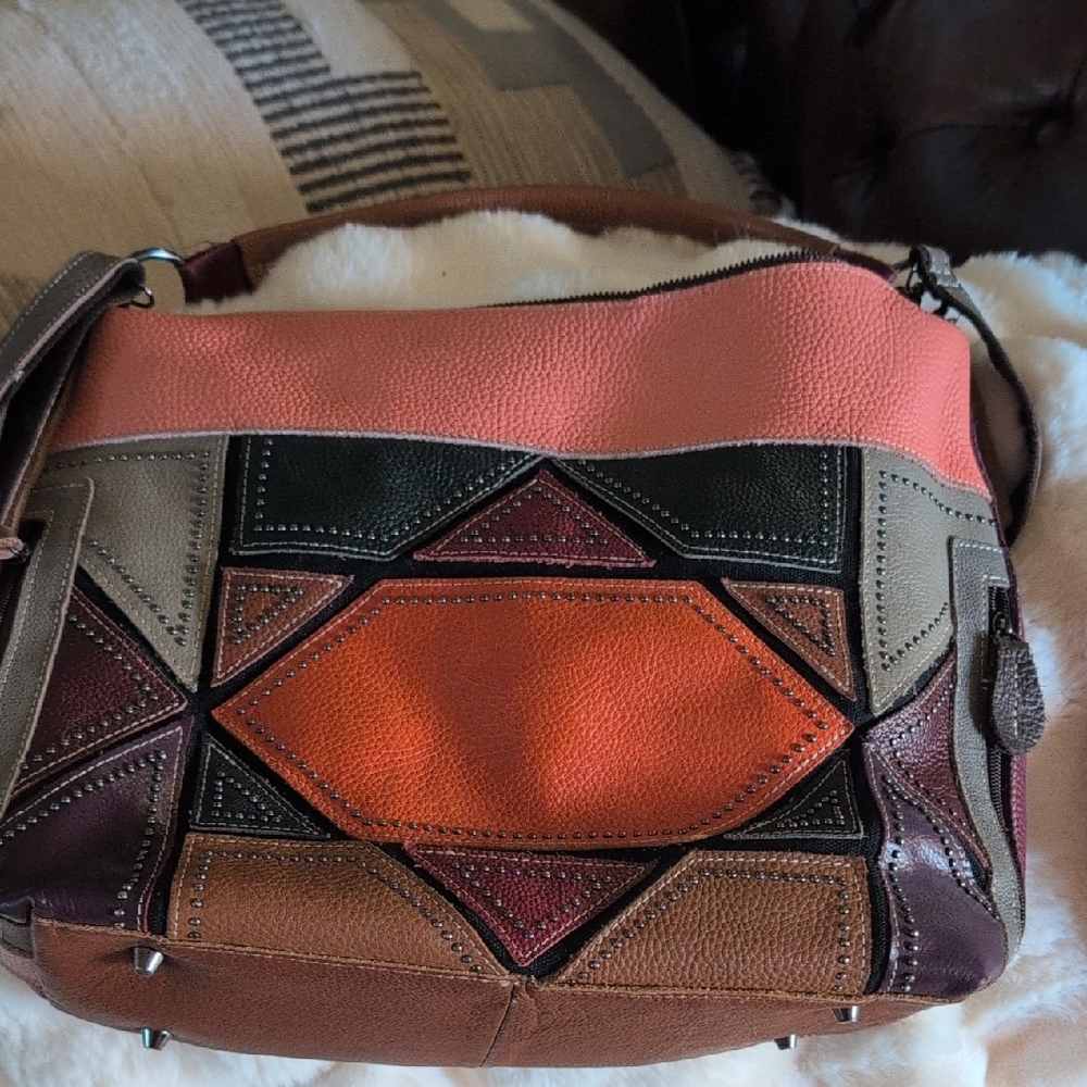 Geometric Patchwork Leather Shoulder Bag - image 1